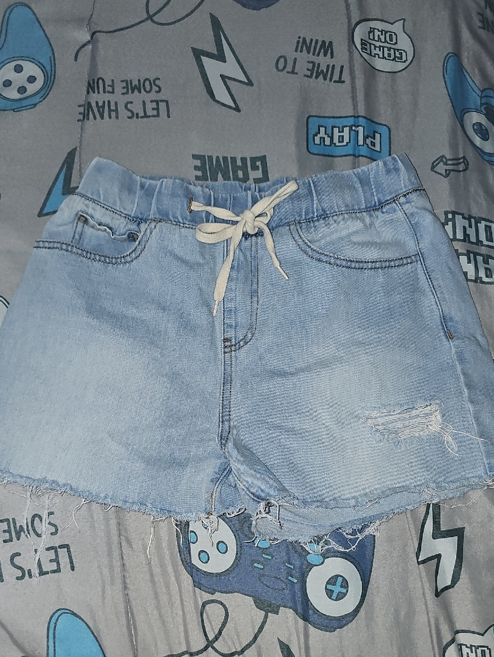 Rewash Light Blue Distressed Denim Drawstring Shorts
